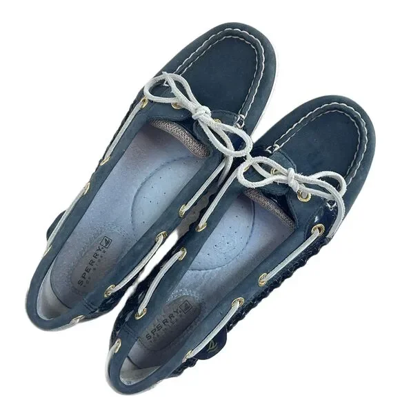 Sperry Topsider Boat Shoes Womens 7.5 Navy Blue Open Weave Leather - Picture 3 of 10